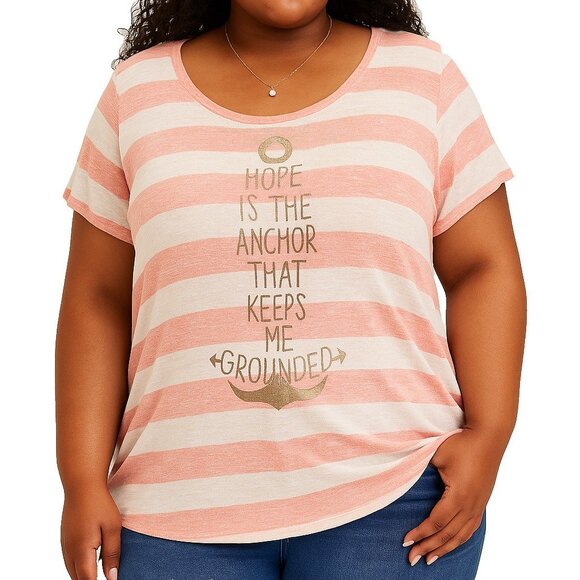 Maurices 1X 14/16 Plus Pink White Striped Nautical Anchor Graphic Tee Stretch - Picture 1 of 16